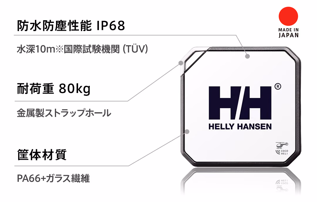 防水防塵性能 IP68：水深10m※国際試験機関（TUV）、筐体材質：PA66+ガラス繊維、耐荷重 80kg：金属ストラップホール