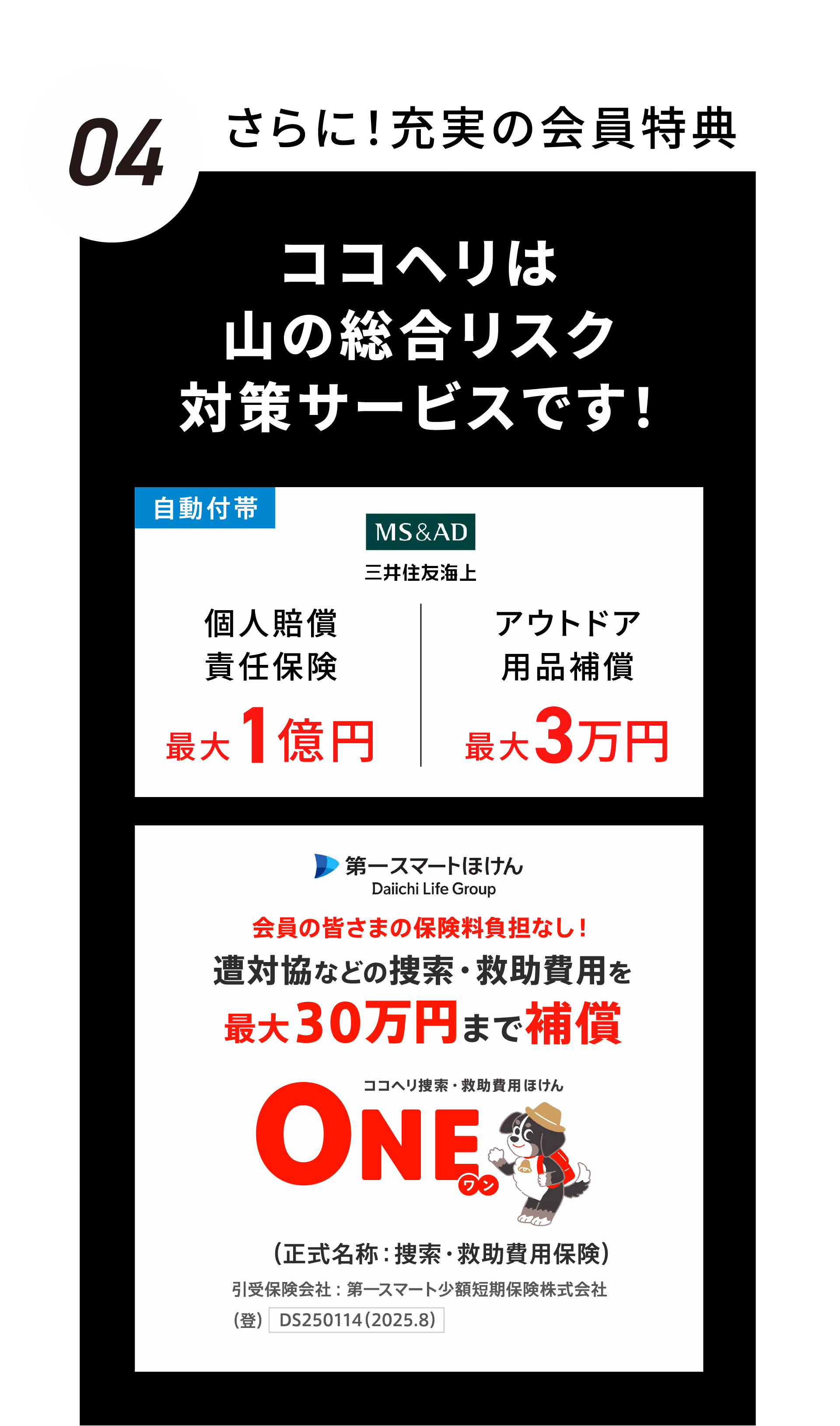 04：さらに！充実の会員特典　ココヘリは山の総合リスク対策サービスです！