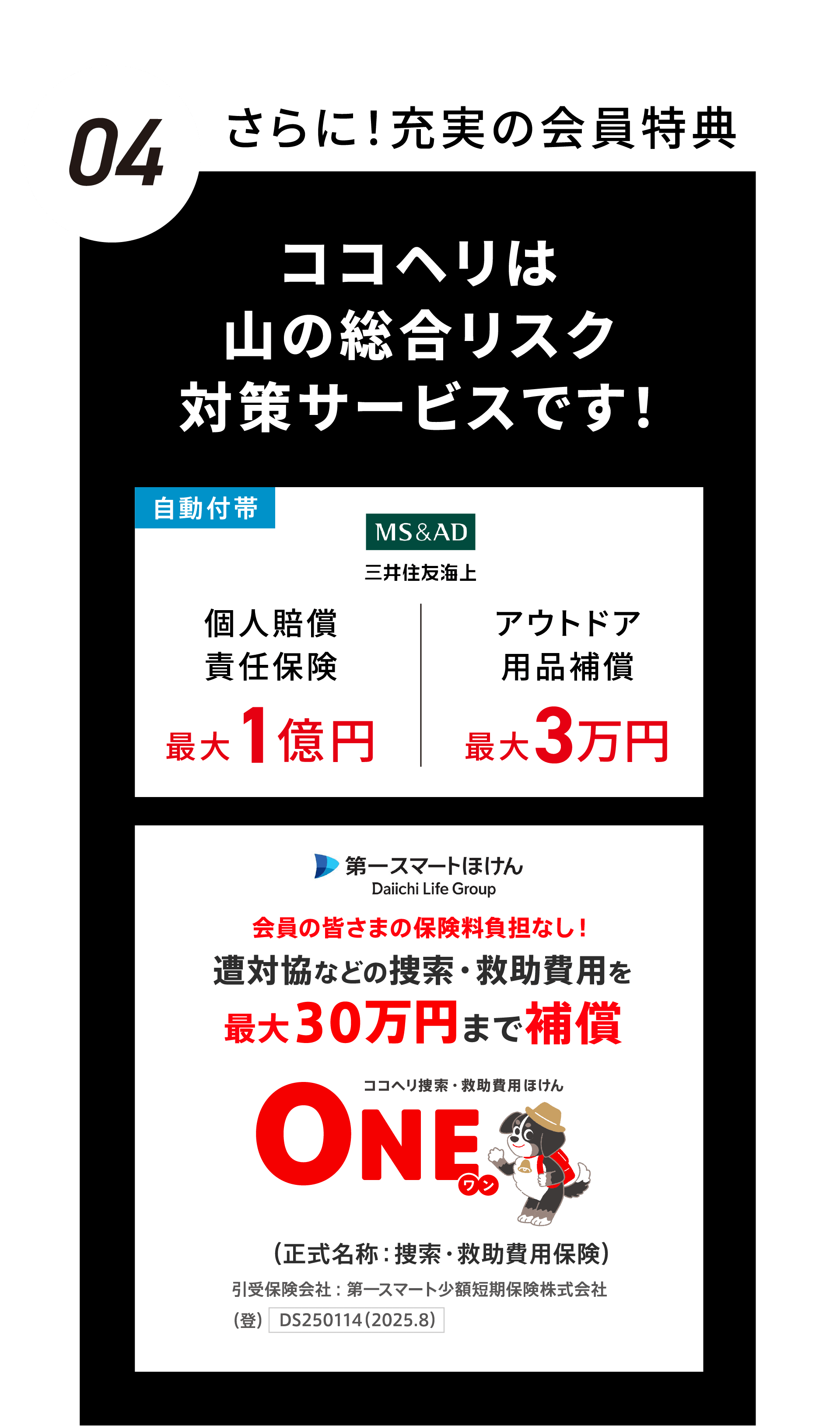 04：さらに！充実の会員特典　ココヘリは山の総合リスク対策サービスです！