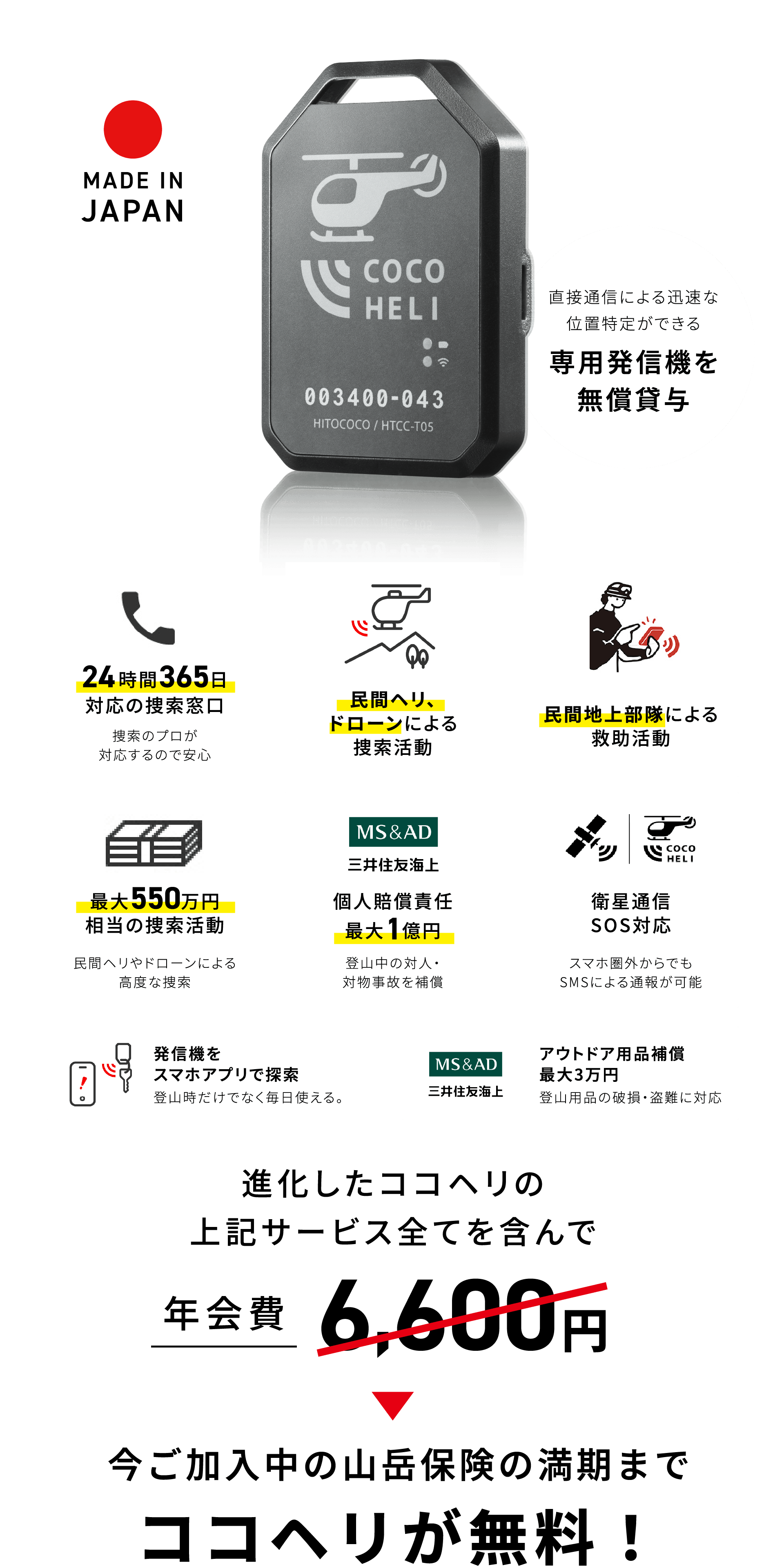 直接通信による迅速な位置特定ができる専用発信機を無償貸与。進化したココヘリのサービス全てを含んで年会費6,600円のところ、今ご加入中の山岳保険の満期まで無料！