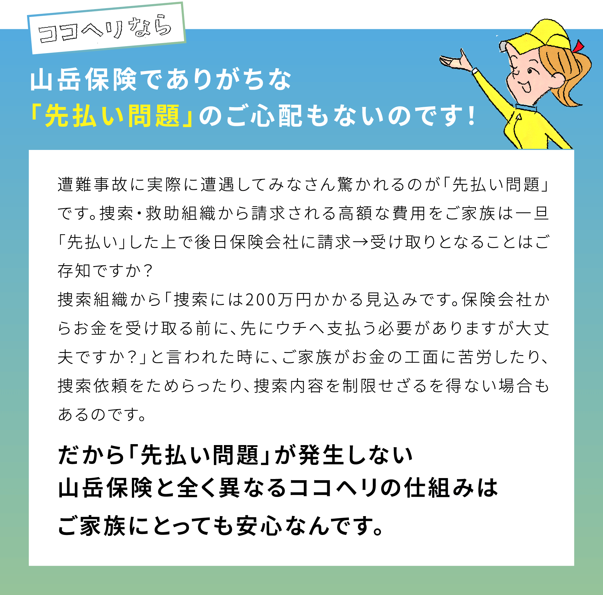 ココヘリなら山岳保険でありがちな「先払い問題」のご心配もないのです！遭難事故に実際に遭遇してみなさん驚かれるのが「先払い問題」です。捜索・救助組織から請求される高額な費用をご家族は一旦「先払い」した上で後日保険会社に請求→受け取りとなることはご存知ですか？捜索組織から「捜索には200万円かかる見込みです。保険会社からお金を受け取る前に、先にウチへ支払う必要がありますが大丈夫ですか？」と言われた時に、ご家族がお金の工面に苦労したり、捜索依頼をためらったり、捜索内容を制限せざるを得ない場合もあるのです。だから「先払い問題」が発生しない山岳保険と全く異なるココヘリの仕組みはご家族にとっても安心なんです。