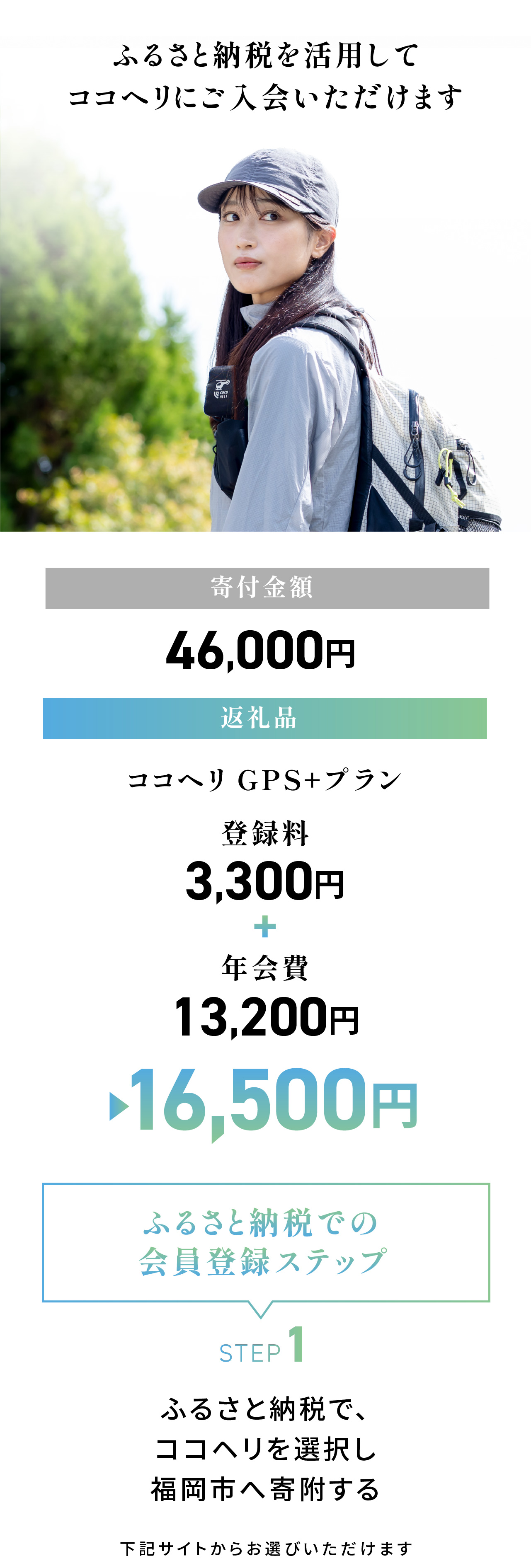 ふるさと納税を活用してココヘリに入会いただけます。寄付金額：55,000円／返礼品：ココヘリ GPS+プラン 16,500円（登録料3,300円＋年会費13,200円）＜ふるさと納税での会員登録ステップ＞STEP1：ふるさと納税で、ココヘリを選択し福岡市へ寄付する。下記サイトからお選びいただけます。