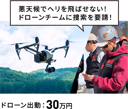 悪天候でヘリを飛ばせずドローンチームに捜索を要請した場合のドローン出動は30万円