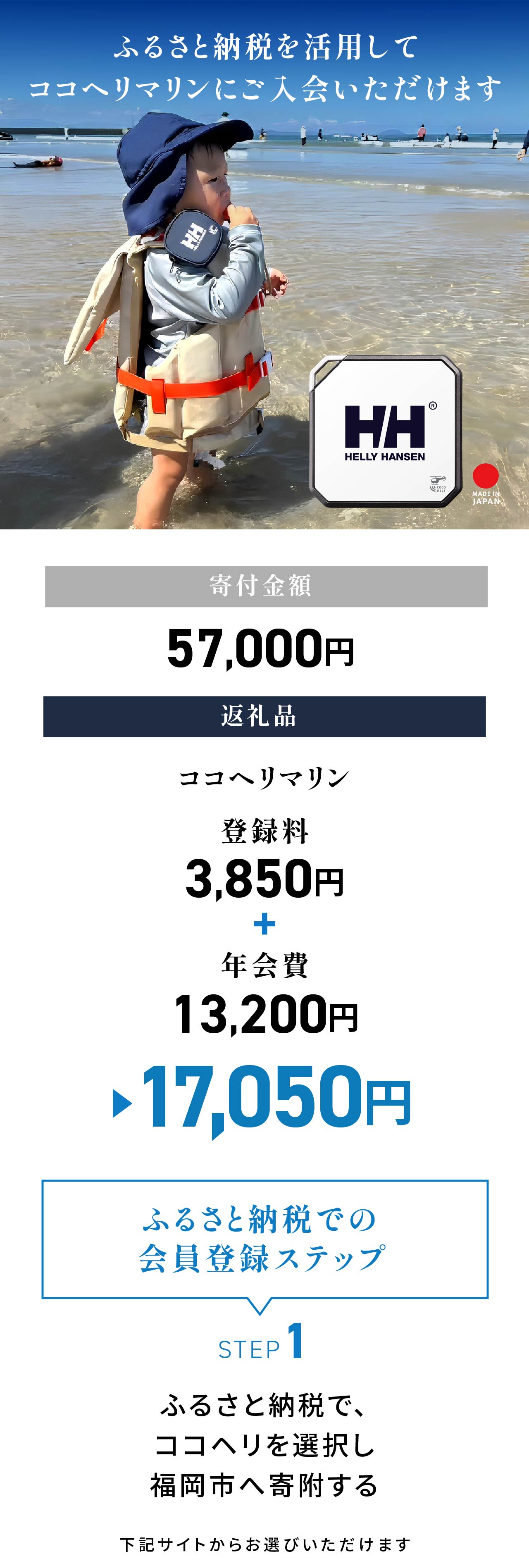 ふるさと納税を活用してココヘリマリンに入会いただけます。寄付金額：57,000円／返礼品：ココヘリマリン 17,050円（登録料3,850円＋年会費13,200円）＜ふるさと納税での会員登録ステップ＞STEP1：ふるさと納税で、ココヘリを選択し福岡市へ寄付する。下記サイトからお選びいただけます。