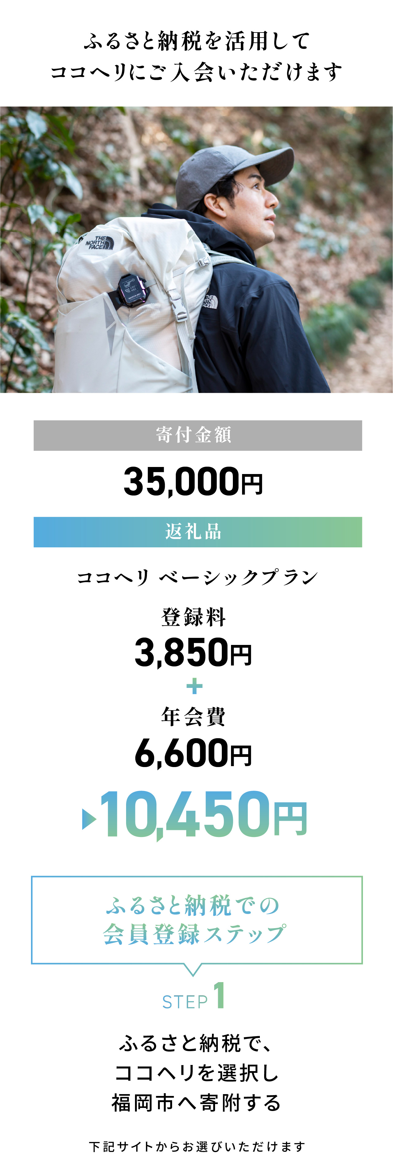 ふるさと納税を活用してココヘリに入会いただけます。寄付金額：35,000円／返礼品：ココヘリ ベーシックプラン 10,450円（登録料3,850円＋年会費6,600円）＜ふるさと納税での会員登録ステップ＞STEP1：ふるさと納税で、ココヘリを選択し福岡市へ寄付する。下記サイトからお選びいただけます。