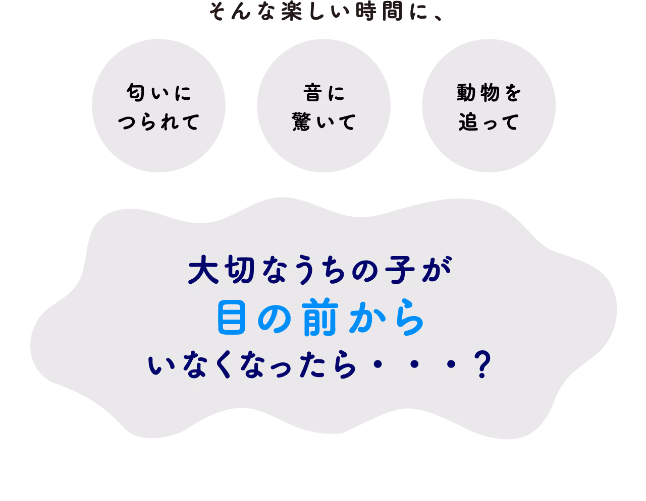そんな楽しい時間に、匂いにつられて〜音に驚いて〜動物を追って〜大切なうちの子が目の前からいなくなったら…?