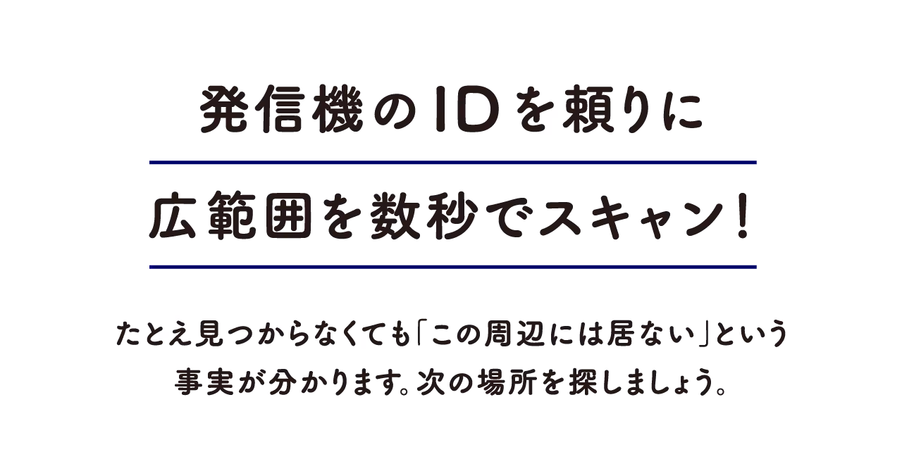 発信機のIDを頼りに広範囲を数秒でスキャン!たとえ見つからなくても「この周辺には居ない」という事実が分かります。次の場所を探しましょう。