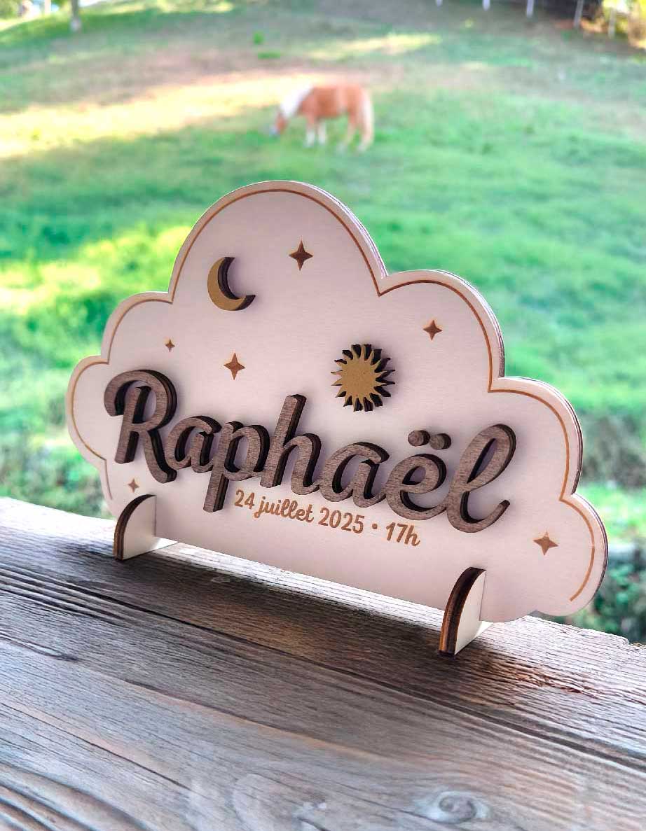 Cadeau de naissance garçon en bois prénom en forme de nuage