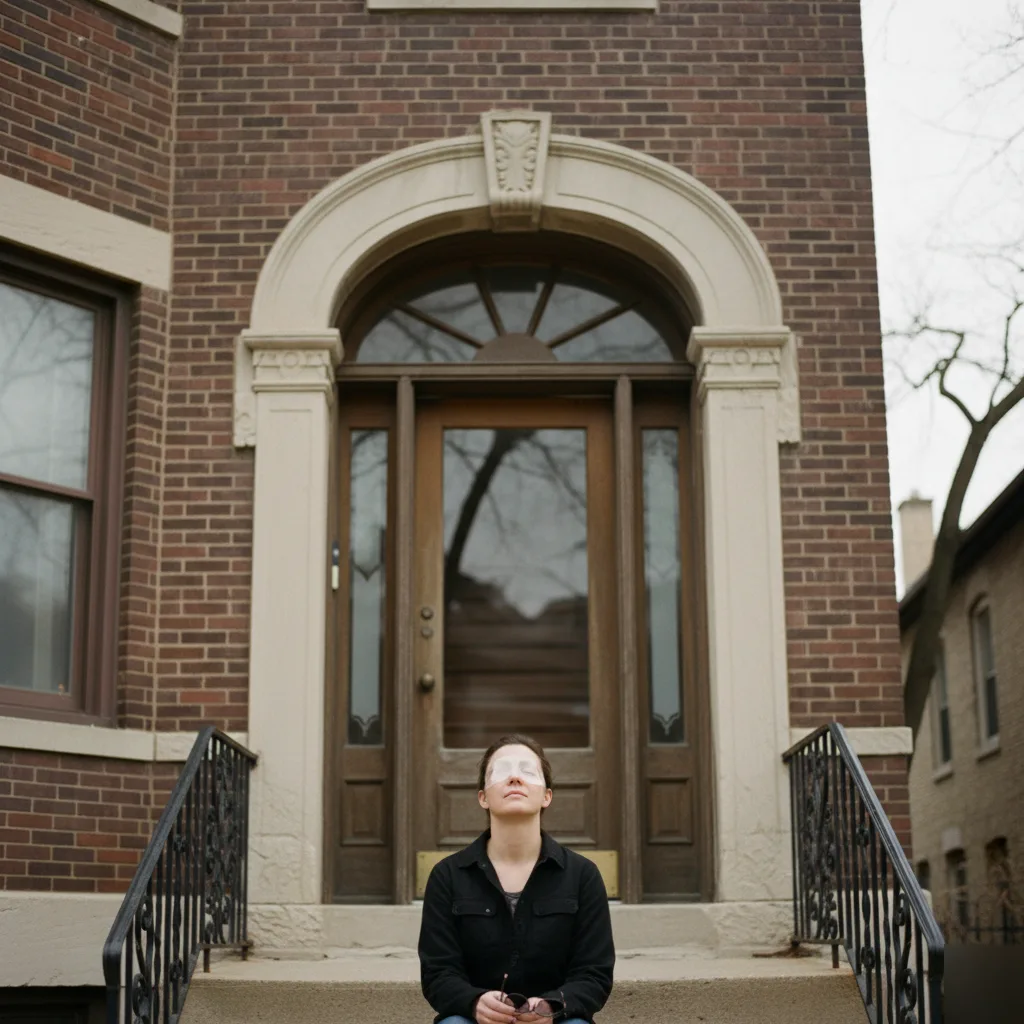 Woman with post-LASIK eye patches sitting on brick stoop in front of a wooden door.