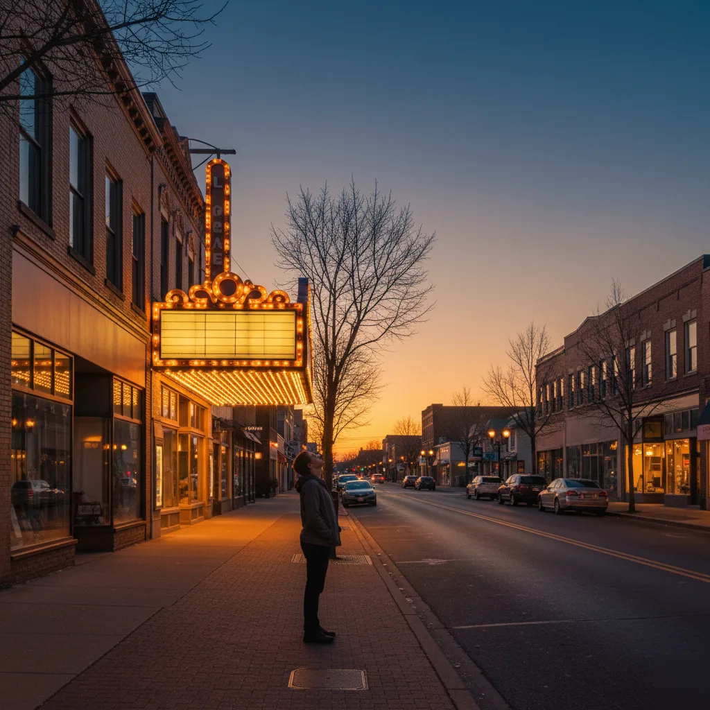 Person looking up at illuminated theater marquee on a quiet street at sunset.