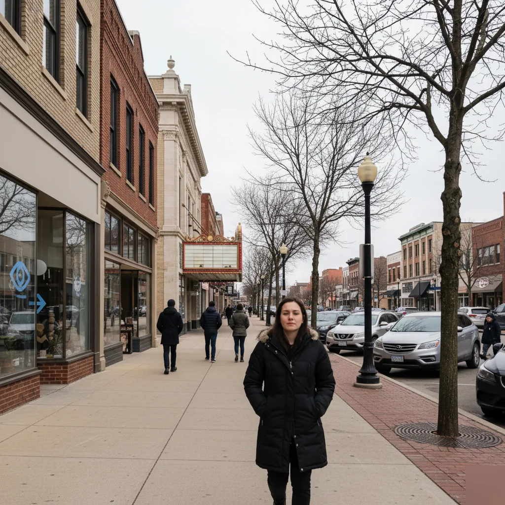 Woman in black coat walking on city sidewalk with bare trees, parked cars, and buildings on a gray day.