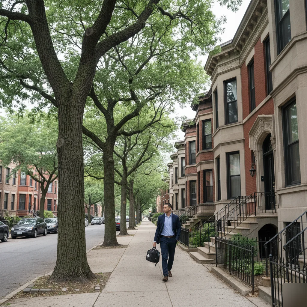Man in suit walking on tree-lined sidewalk in residential neighborhood with brick townhouses.