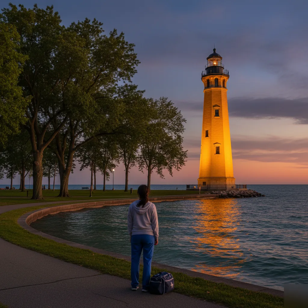 Person standing by a lakeside path watching a lit lighthouse at dusk with trees and calm water.