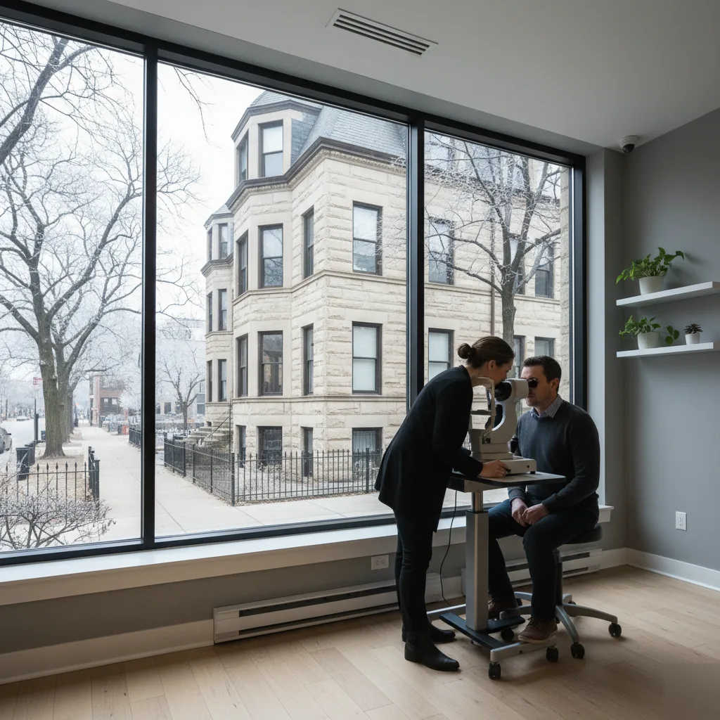 Eye doctor examining a seated male patient using a phoropter in a bright clinic with large windows.