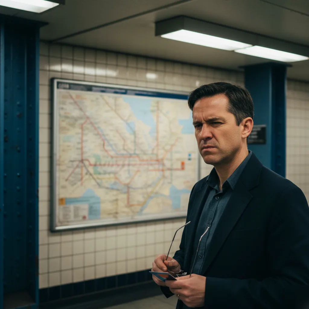 Man holding glasses and transit card looking confused inside subway station with a map behind him.