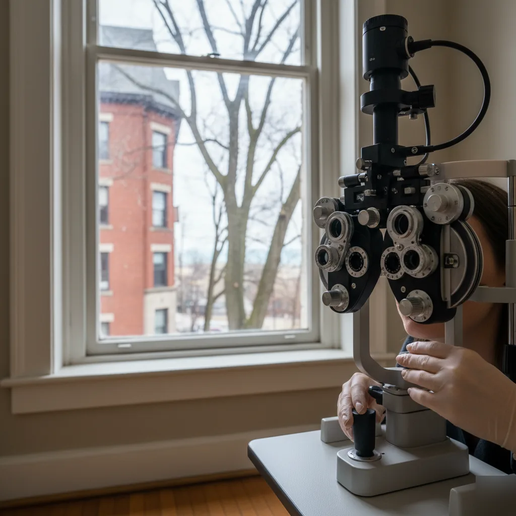 Person undergoing eye exam using phoropter near window with blurred building and tree outside.