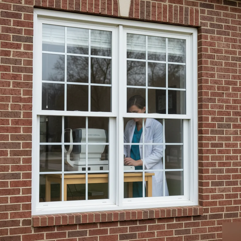 Woman in lab coat operating medical equipment inside a brick building, seen through a window.