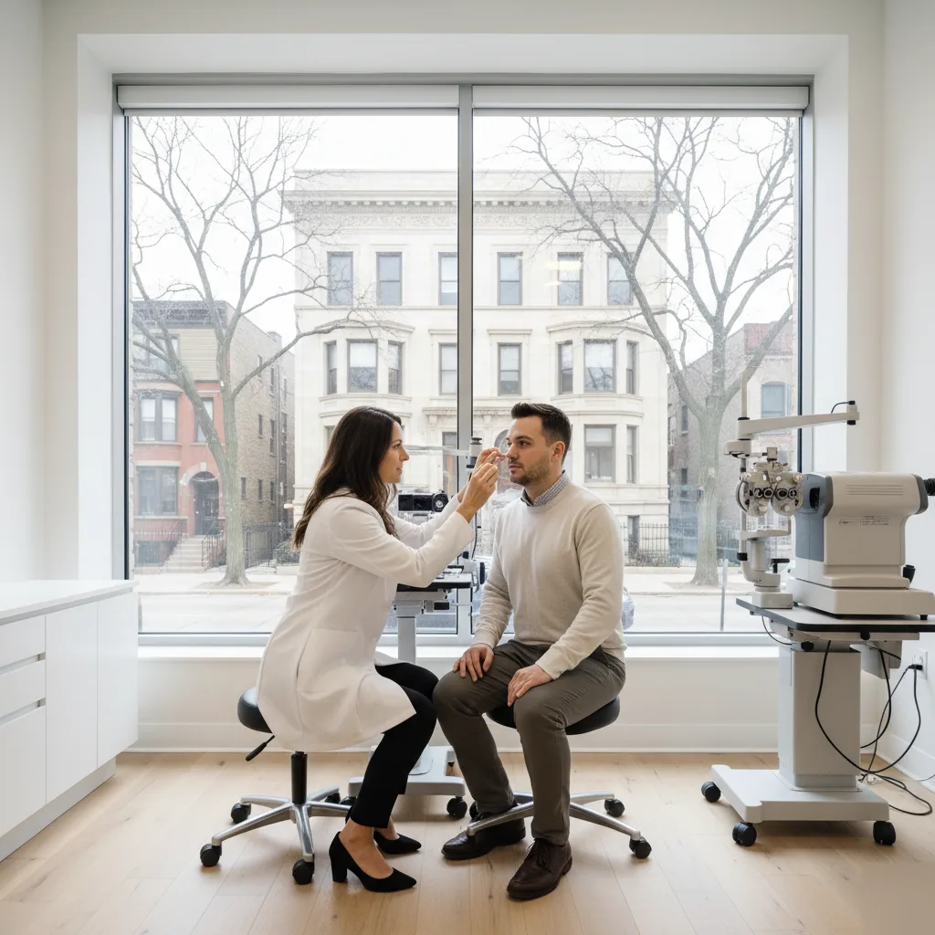 Eye doctor examining male patient's eye in bright clinic with large window and diagnostic equipment.