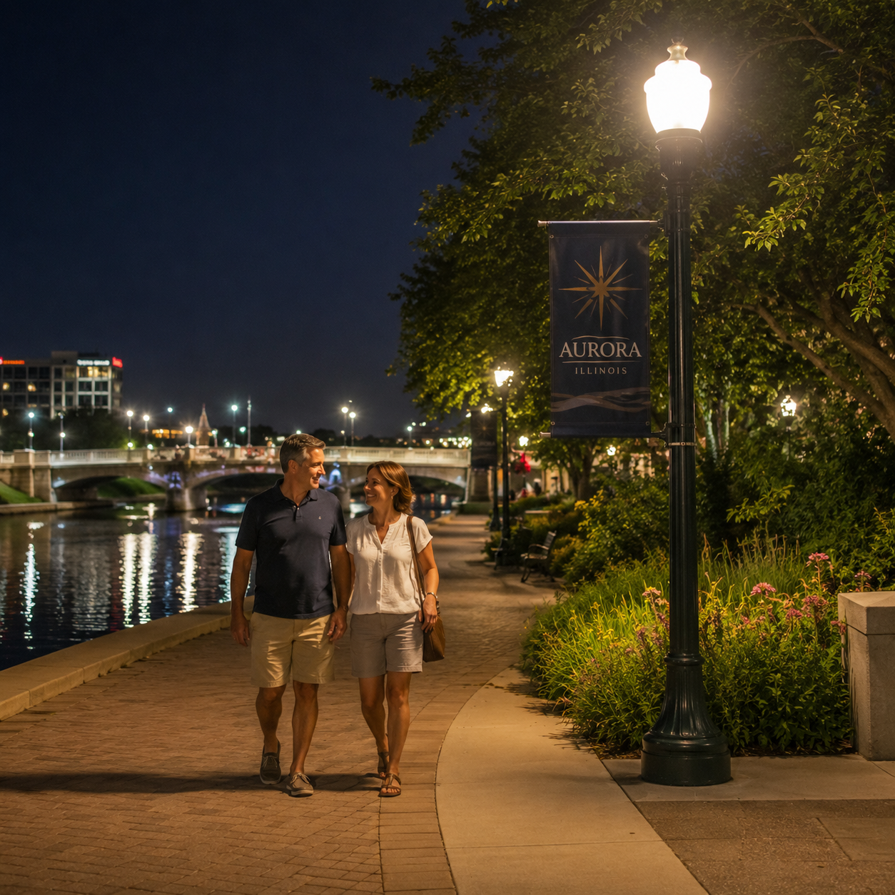 Couple walking on a riverside path at night under lit streetlights in Aurora, Illinois.