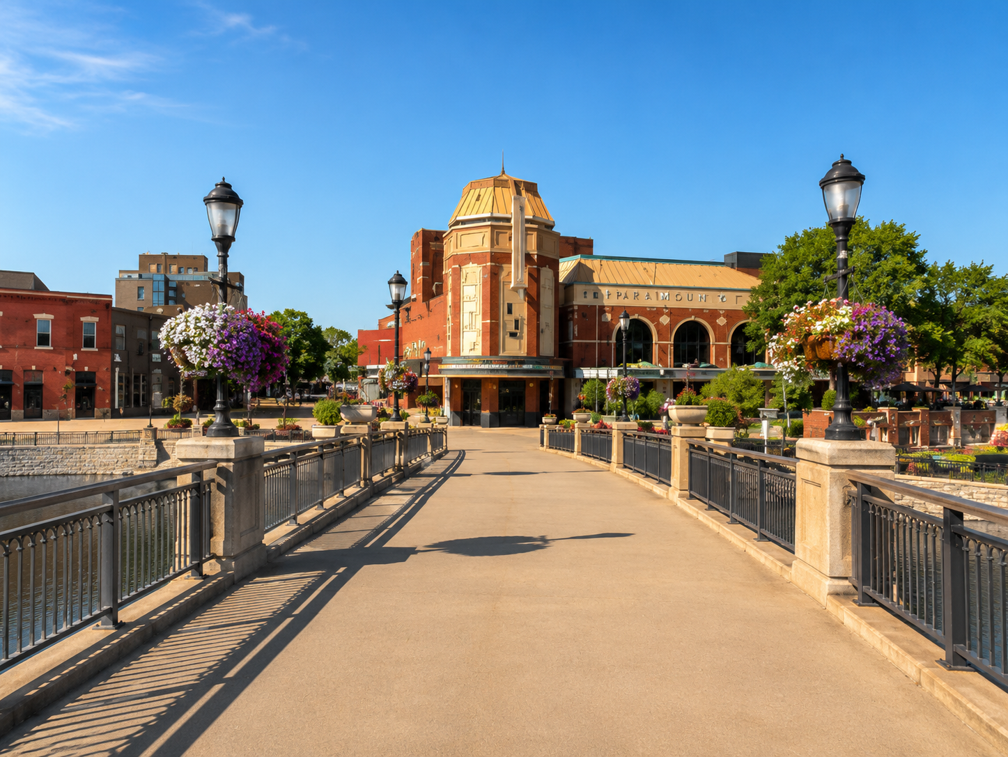 Bridge with flower baskets leading to a historic Paramount Theater building under a clear blue sky.