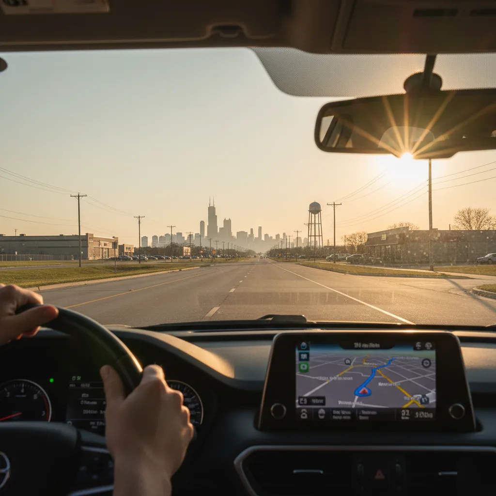 View from car driving toward Chicago skyline with sunburst in rearview mirror and GPS screen.
