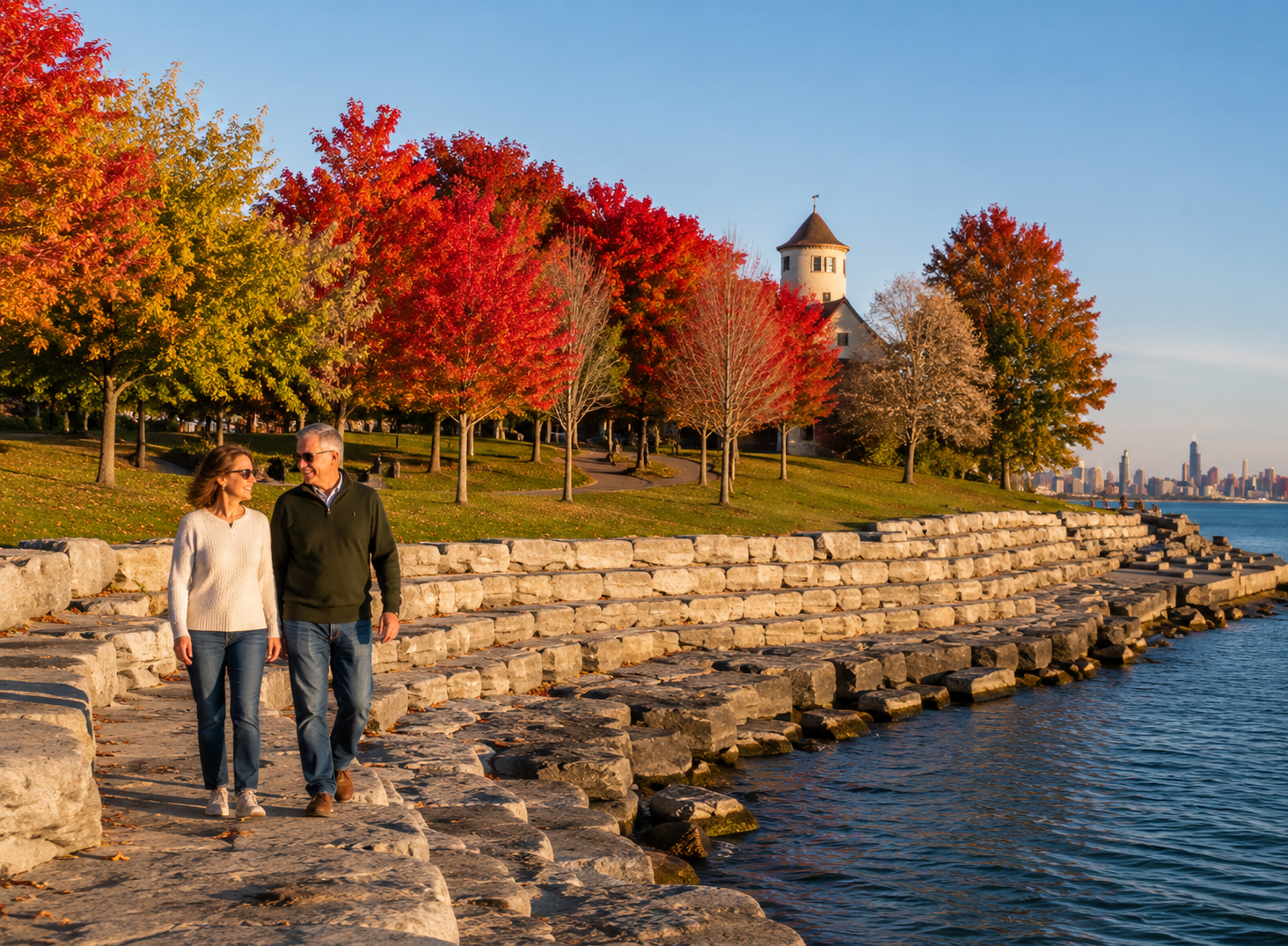 Couple walking on stone path by water with colorful autumn trees and city skyline in the background.