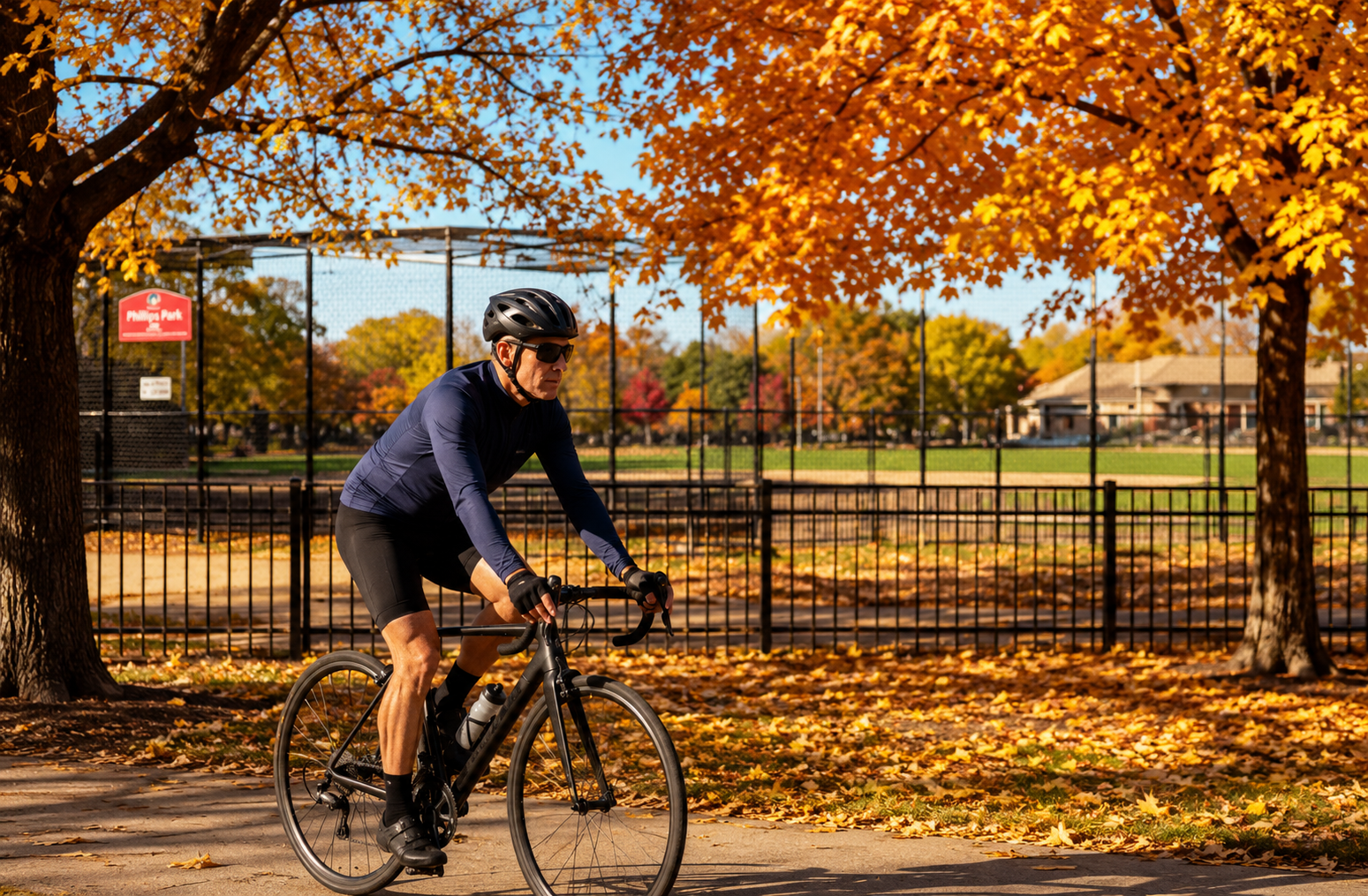 Man in helmet cycling on a path covered with autumn leaves under orange trees in a park.