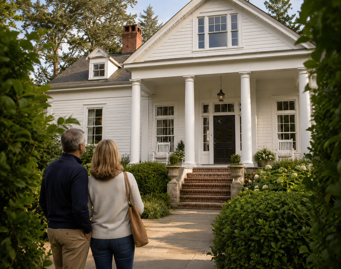 A couple stands on a stone path looking at a large white house with columns and a black door.