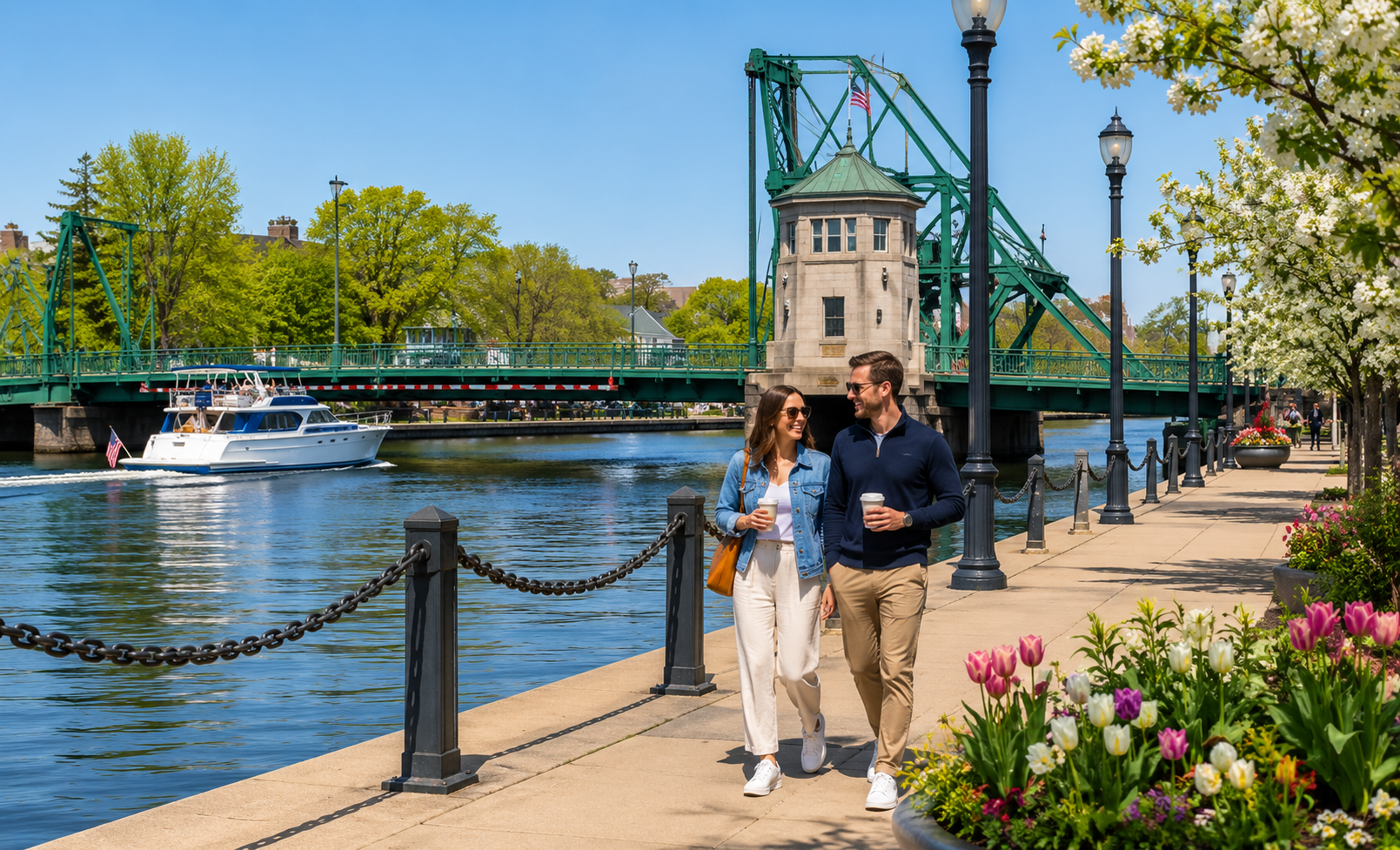 Couple with coffee walking along riverfront path near green drawbridge and blooming flowers on sunny day.