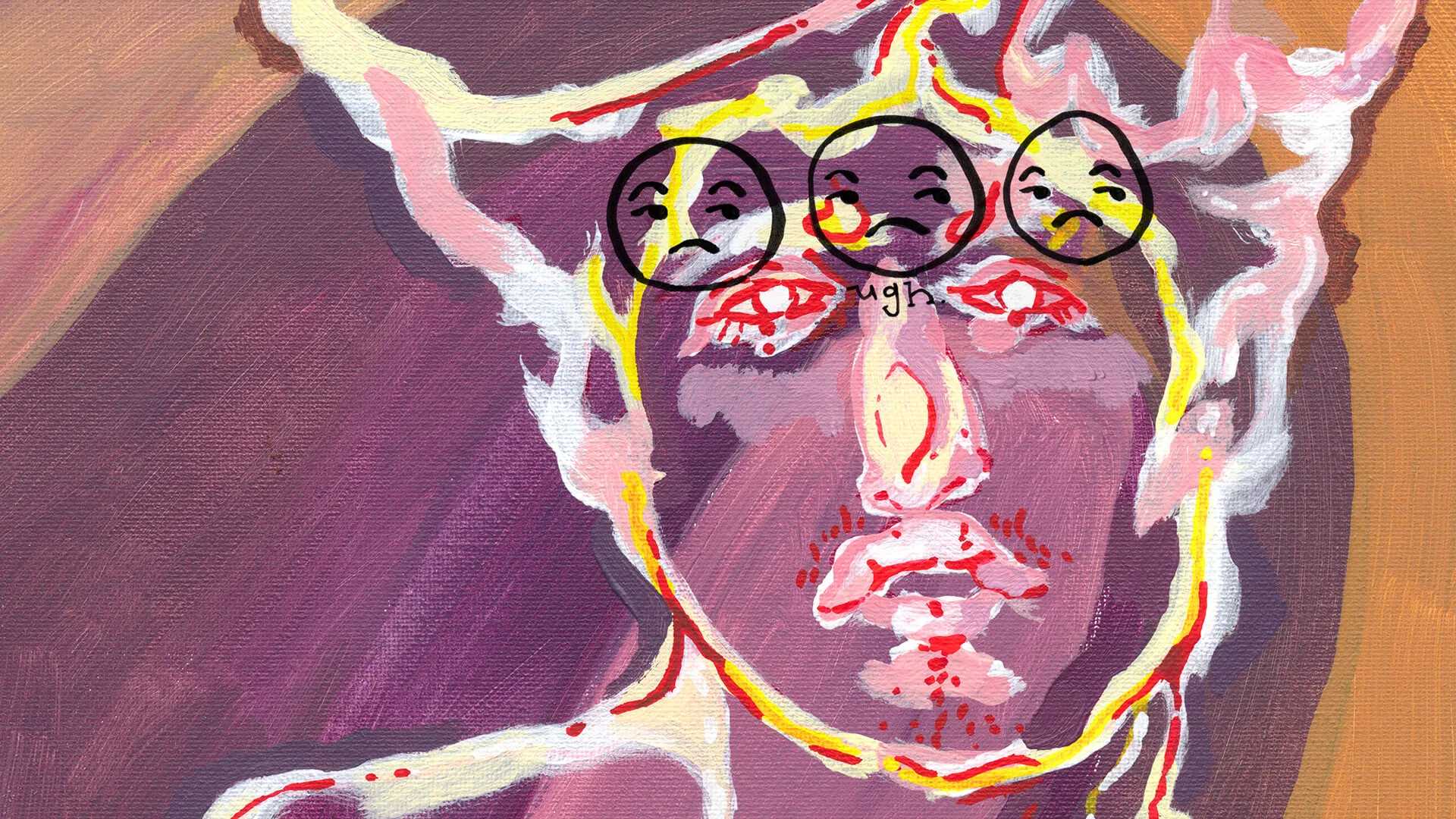 A portrait painting of a non-binary subject on a purple background surrounded floating yellow lines.