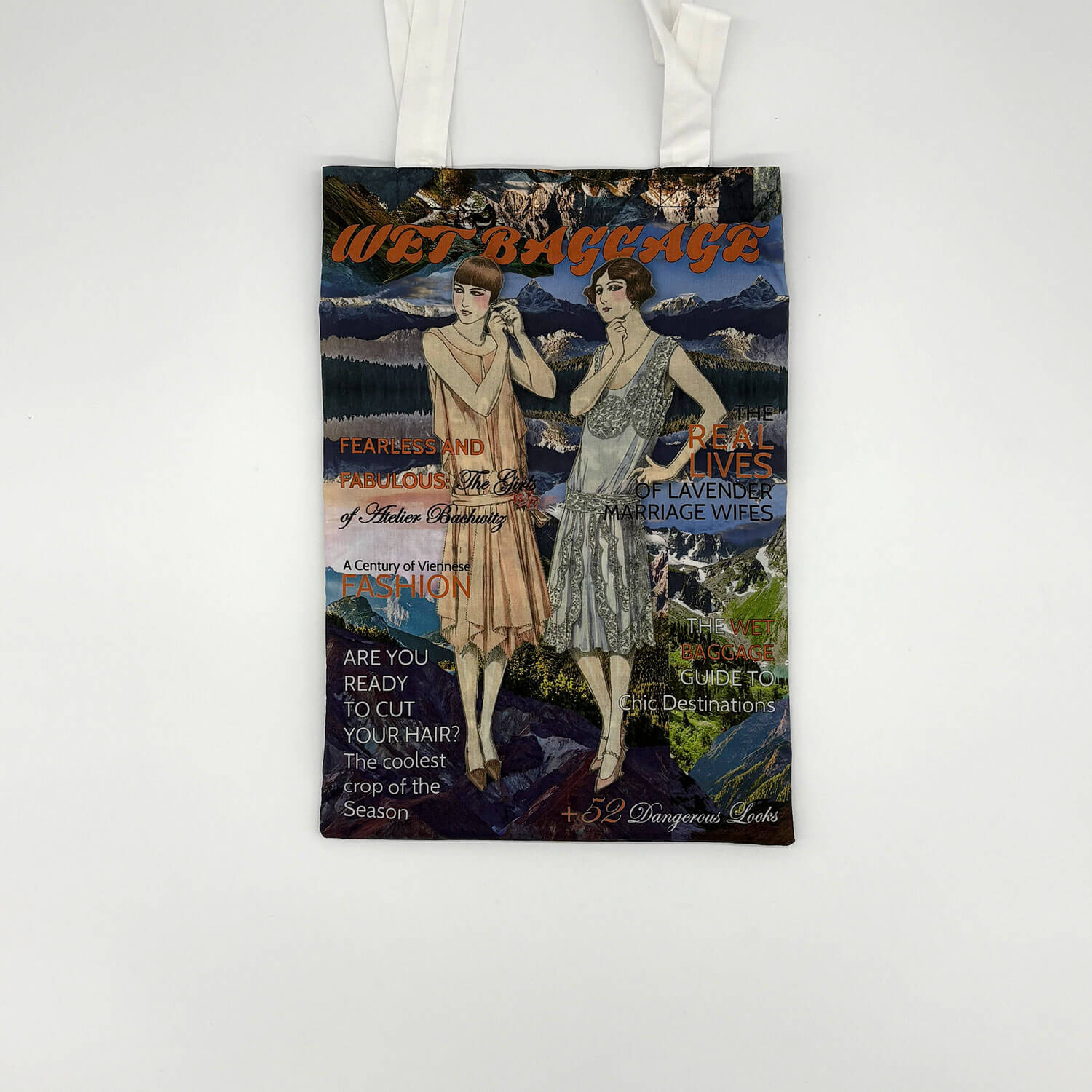 A studio photo of a designer bag and a publication printed on textile