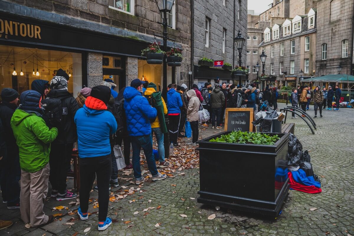 Queue at HANON Shop in Abedereen, Scotland
