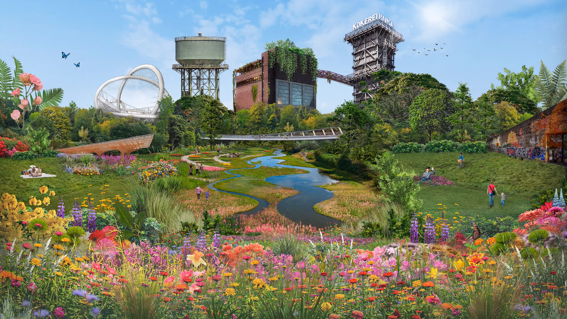 Blühende Parklandschaft mit Wasserlauf vor den begrünten Industriebauten der Kokerei Hansa.