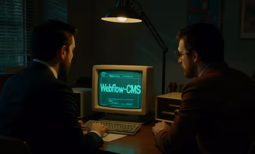Zwei Kollegen in einem 70er-Jahre-Büro betrachten einen Retro-Monitor mit der Aufschrift CMS, Symbol für Webflows KI-gestütztes Content-Management.