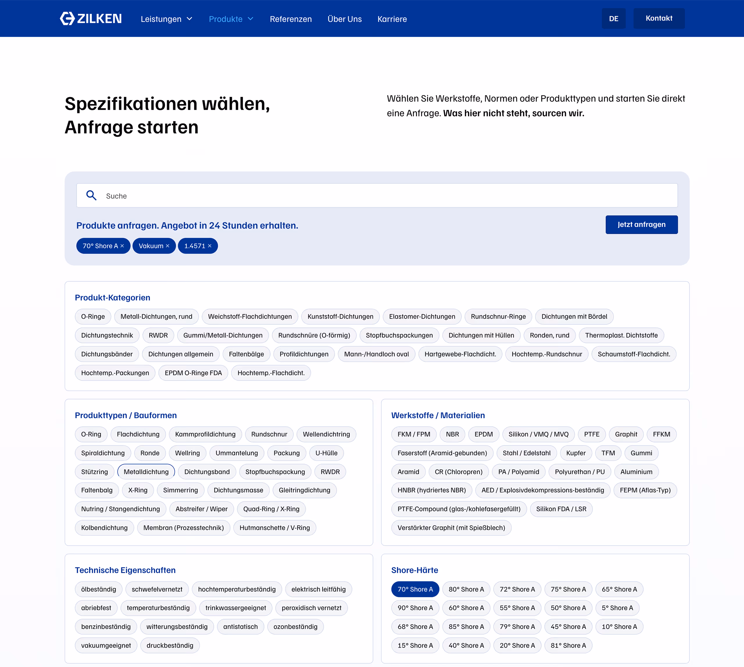 Screenshot des Produktanfrage-Formulars auf der Zilken-Website mit ausgewählten Produkten und Ansprechpartner