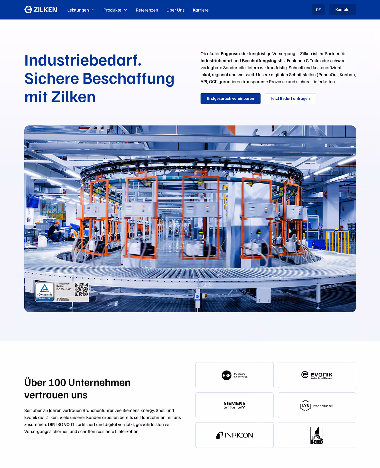 Screenshot der Zilken-Startseite mit Positionierung als Systempartner für Industriebeschaffung