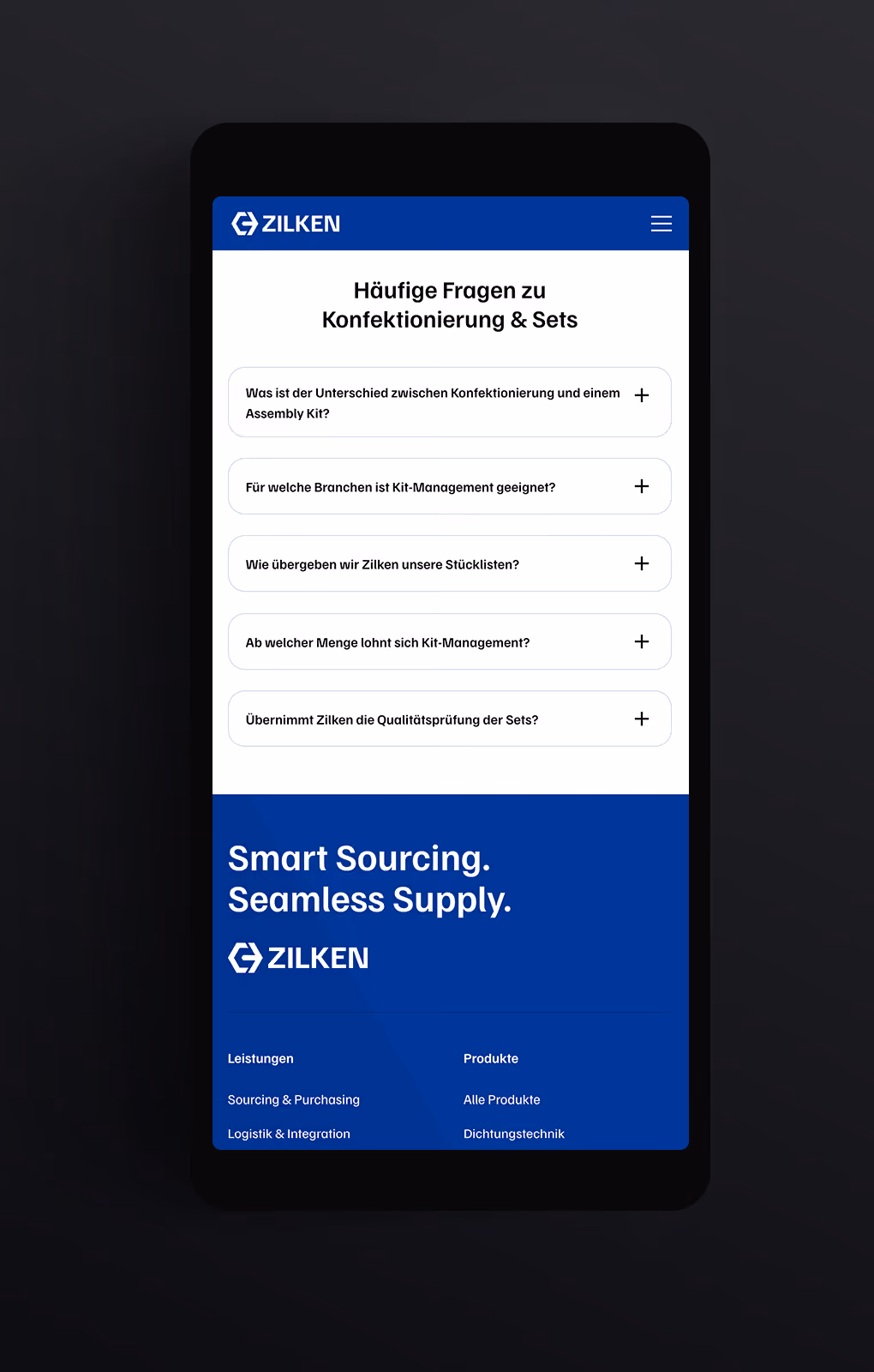 FAQ-Screen: Mobile Design, FAQ, Ansprechpartner, Konfektionierung & Sets