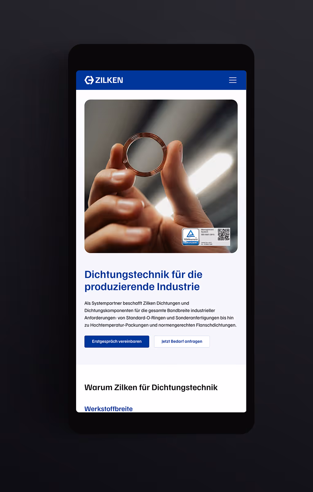 Dichtungstechnik-Screen: Mobile Design, Produktseite, Dichtungstechnik, B2B Website