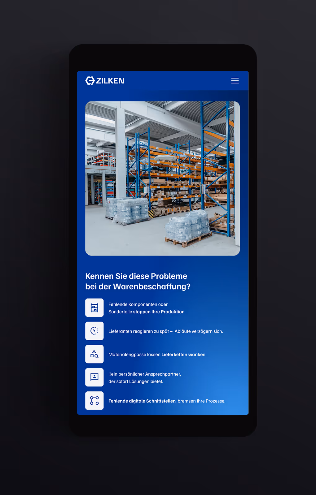 Startseiten-Screen: Mobile Design, Startseite, Warenbeschaffung, Industriebeschaffung
