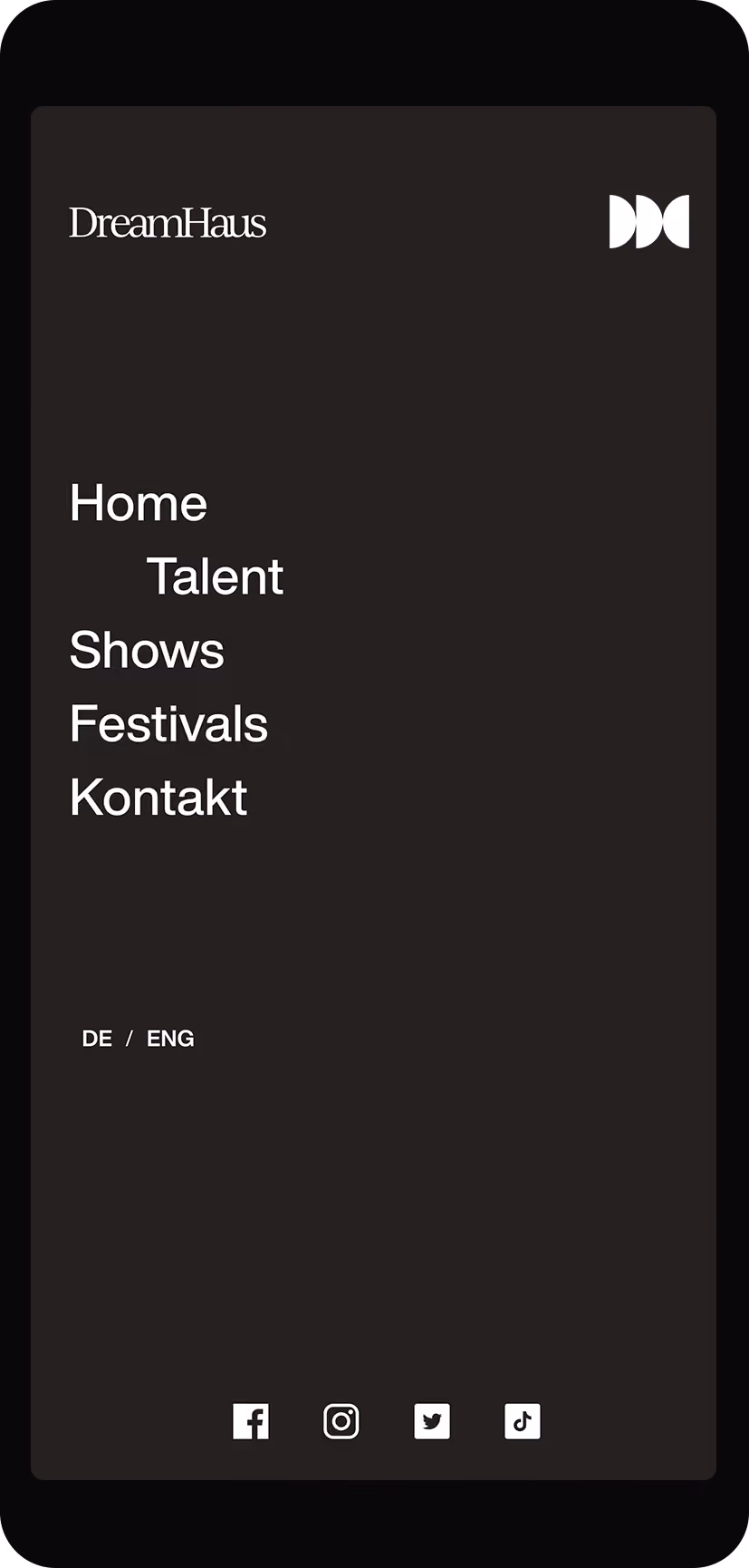 Mobile Navigation der DreamHaus Website mit Bereichen für Talent, Shows und Festivals