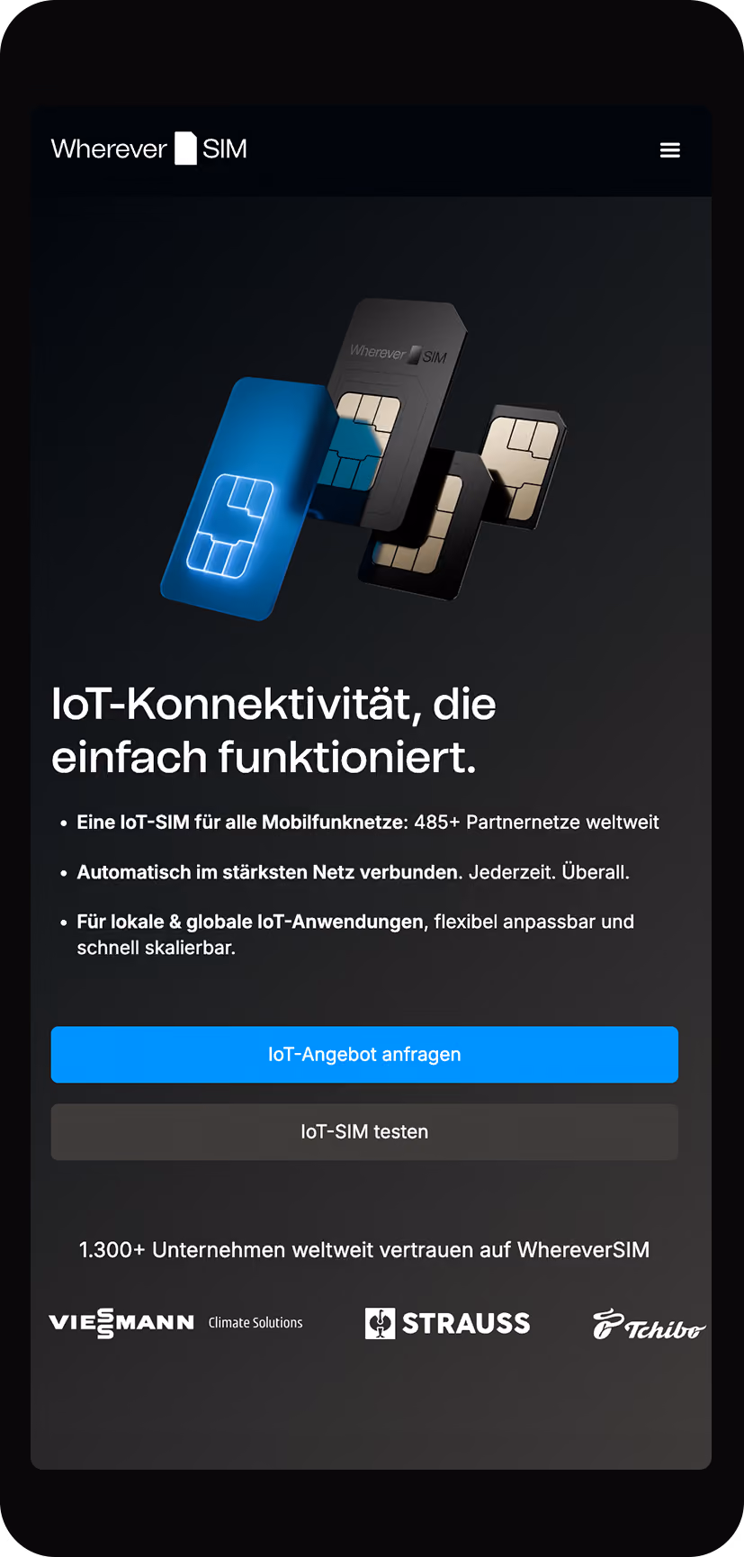 Mobile Startseite von WhereverSIM für globale IoT-Konnektivität