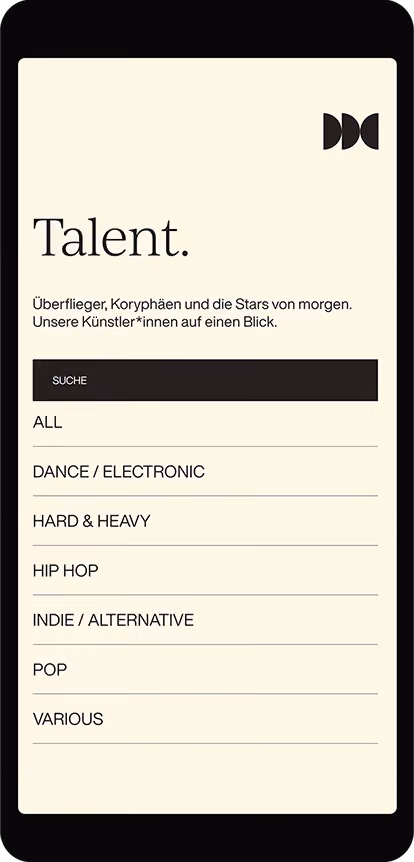 Mobile Talent-Übersicht der DreamHaus Website mit Künstlerkategorien