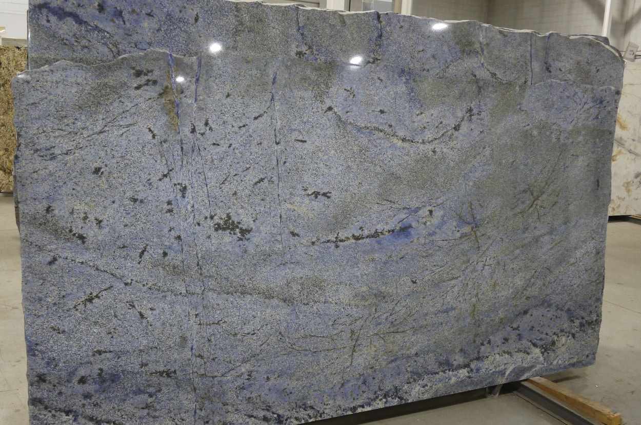 Azul Bahia 3cm exotic granite slab with deep royal blue sodalite crystals