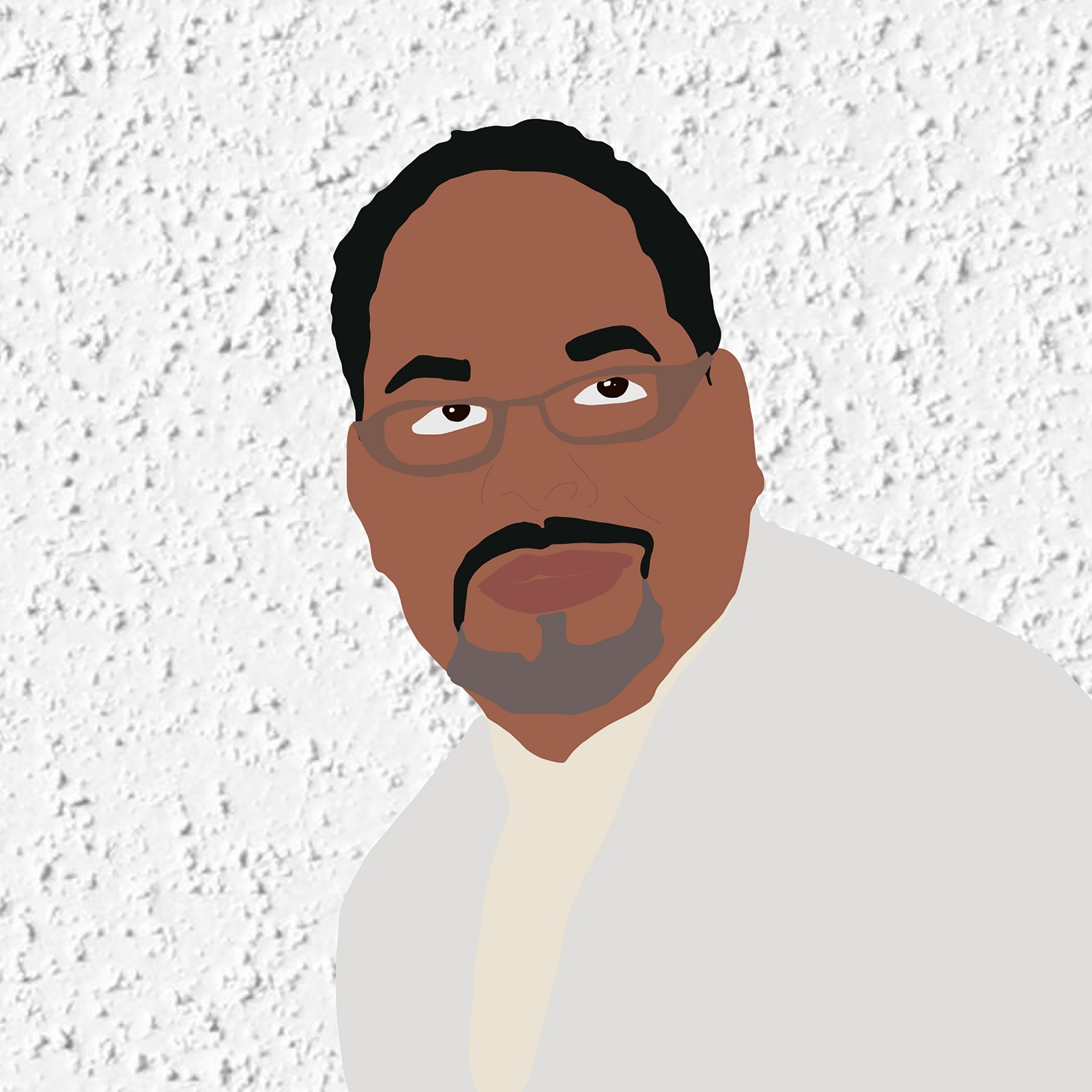 Digital illustration of Clinton smiling against a white stucco background.