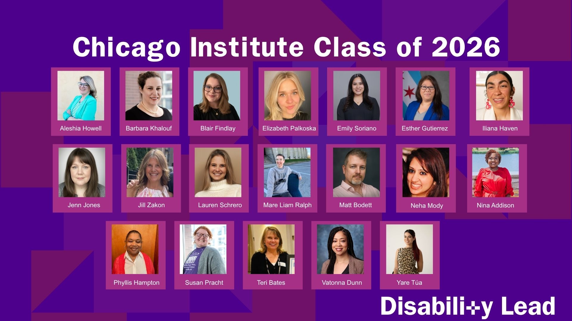 20 portraits of leaders with disabilities of various races and genders. At the bottom right corner is the Disability Lead logo. At the top of the graphic in white text, "Chicago Institute Fellows Class of 2026."