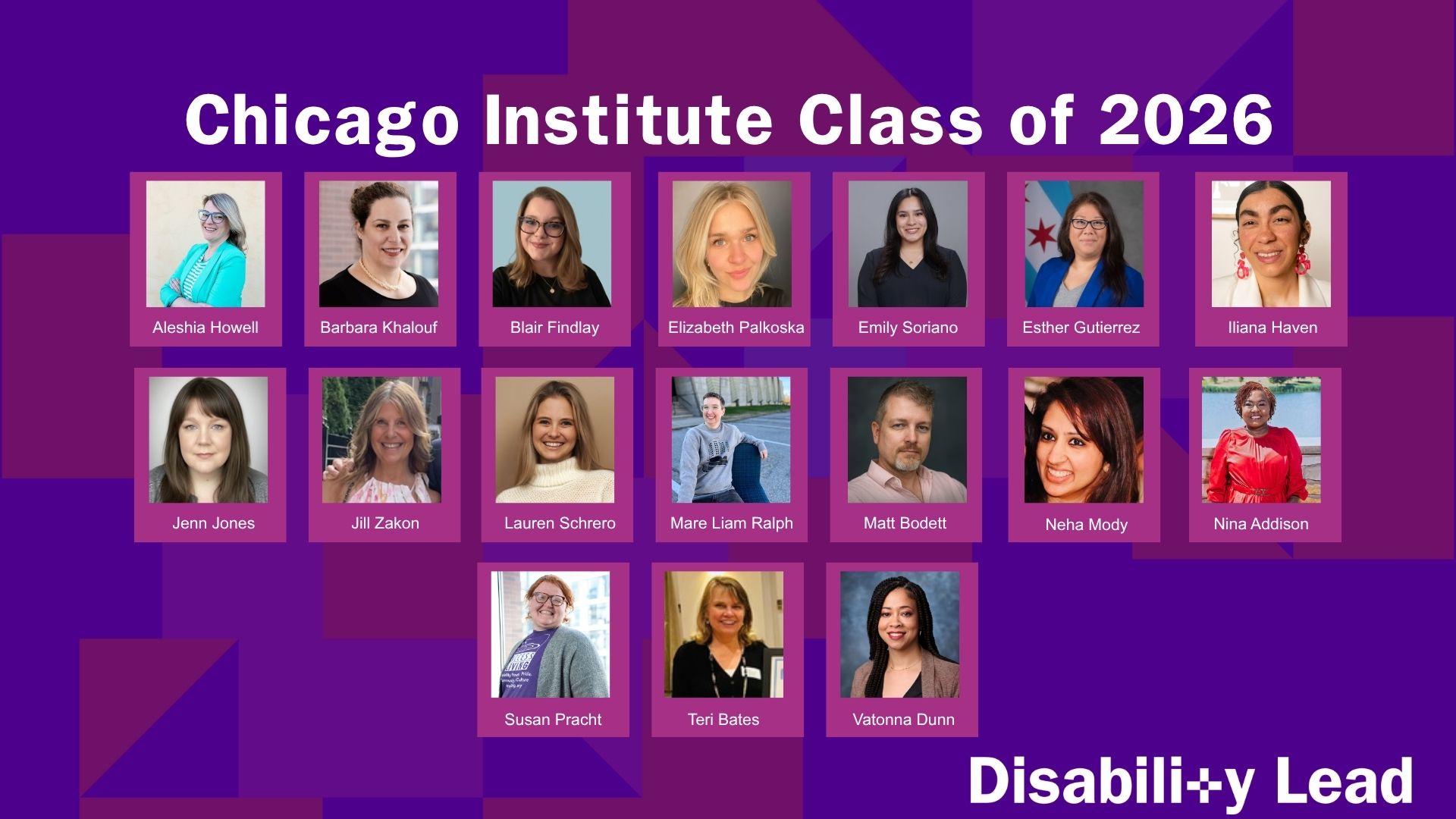 17 retratos de líderes con discapacidad de diversas razas y géneros. En la esquina inferior derecha aparece el logotipo de Disability Lead. En la parte superior del gráfico, en letra blanca, se lee: «Promoción de 2026 del Chicago Institute».