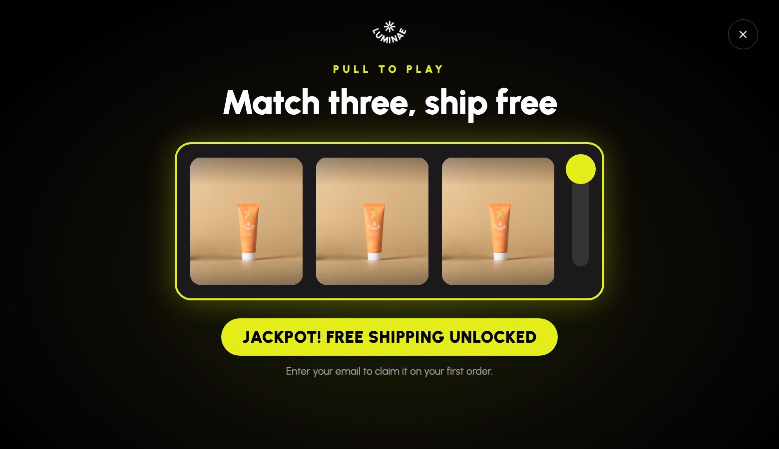 Slot machine pop-up with three matching products unlocking free shipping