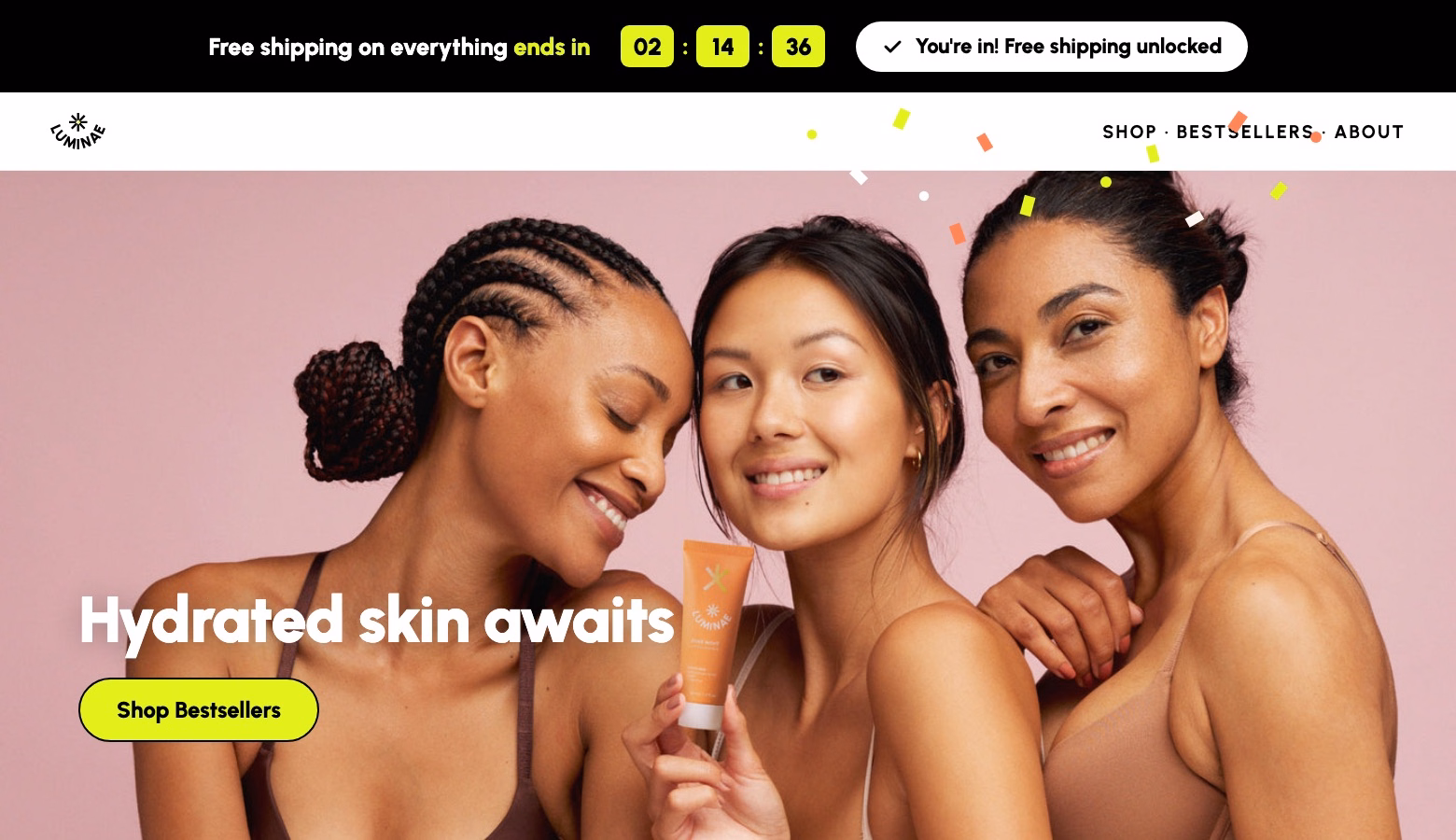 Free-shipping banner with a countdown timer and confetti on sign-up