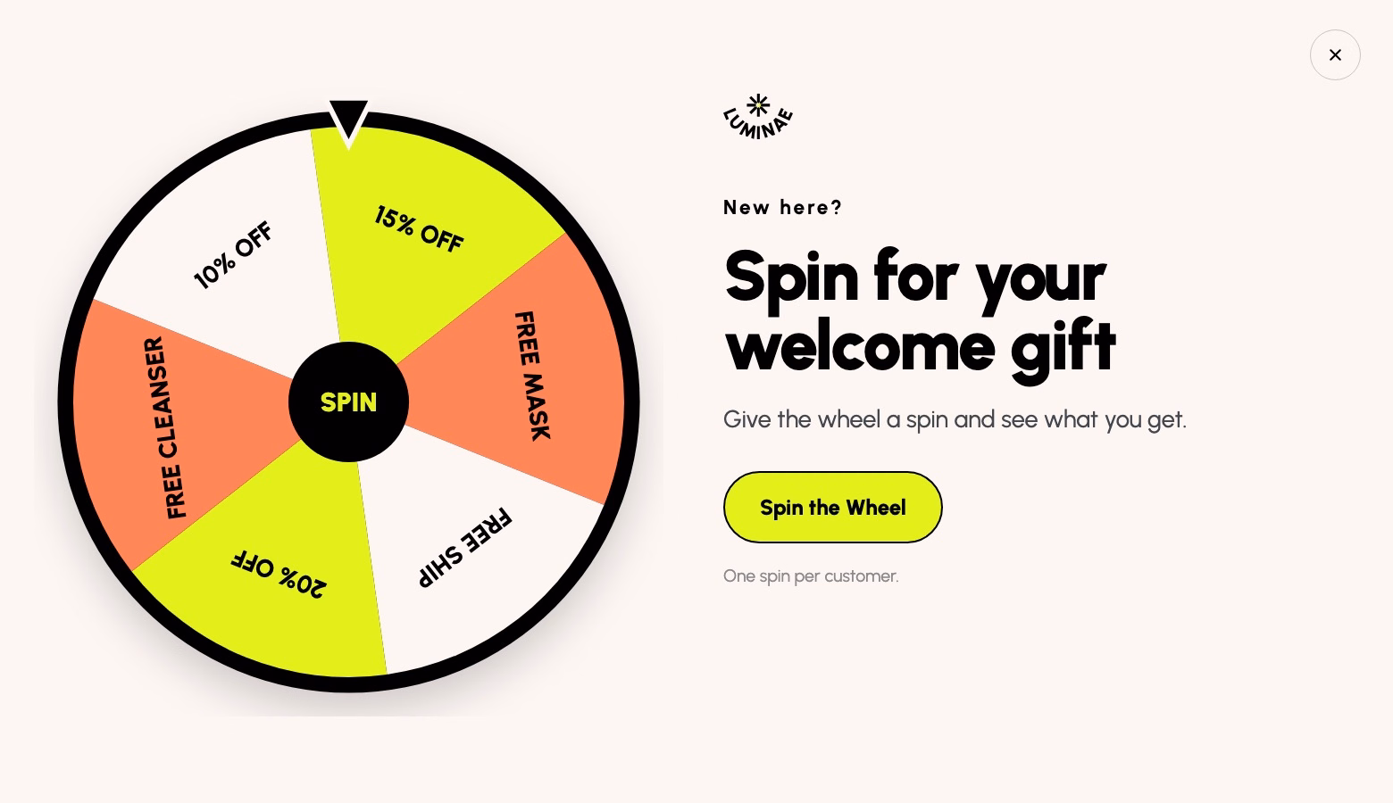 Spin-to-win welcome pop-up with six product offers