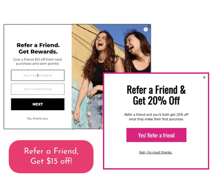 An example of a small website teaser that opens a refer-a-friend pop-up box.